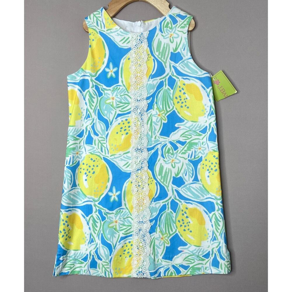 NWT J. Bailey Lemon Print Blue/Yellow Liza Shift Dress w/Lace Trim Girls 6/6X